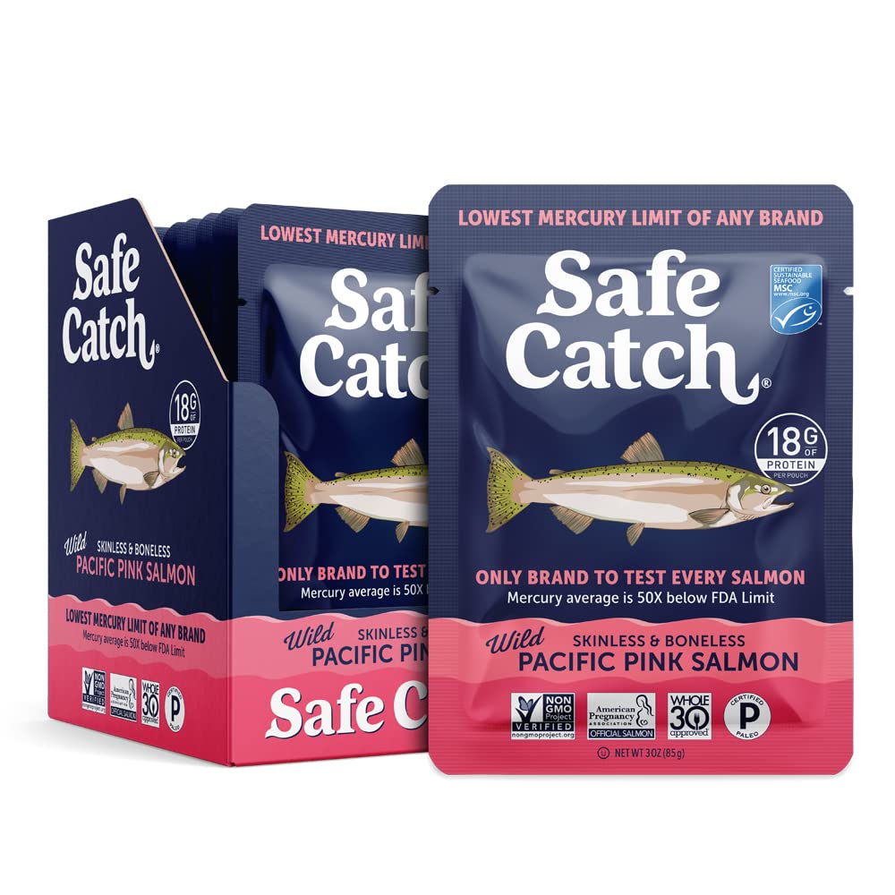 Safe Catch Wild Pacific Pink Salmon Pouch, Skinless Boneless, Mercury Tested, Kosher, 12-Pack, 3oz Packets
