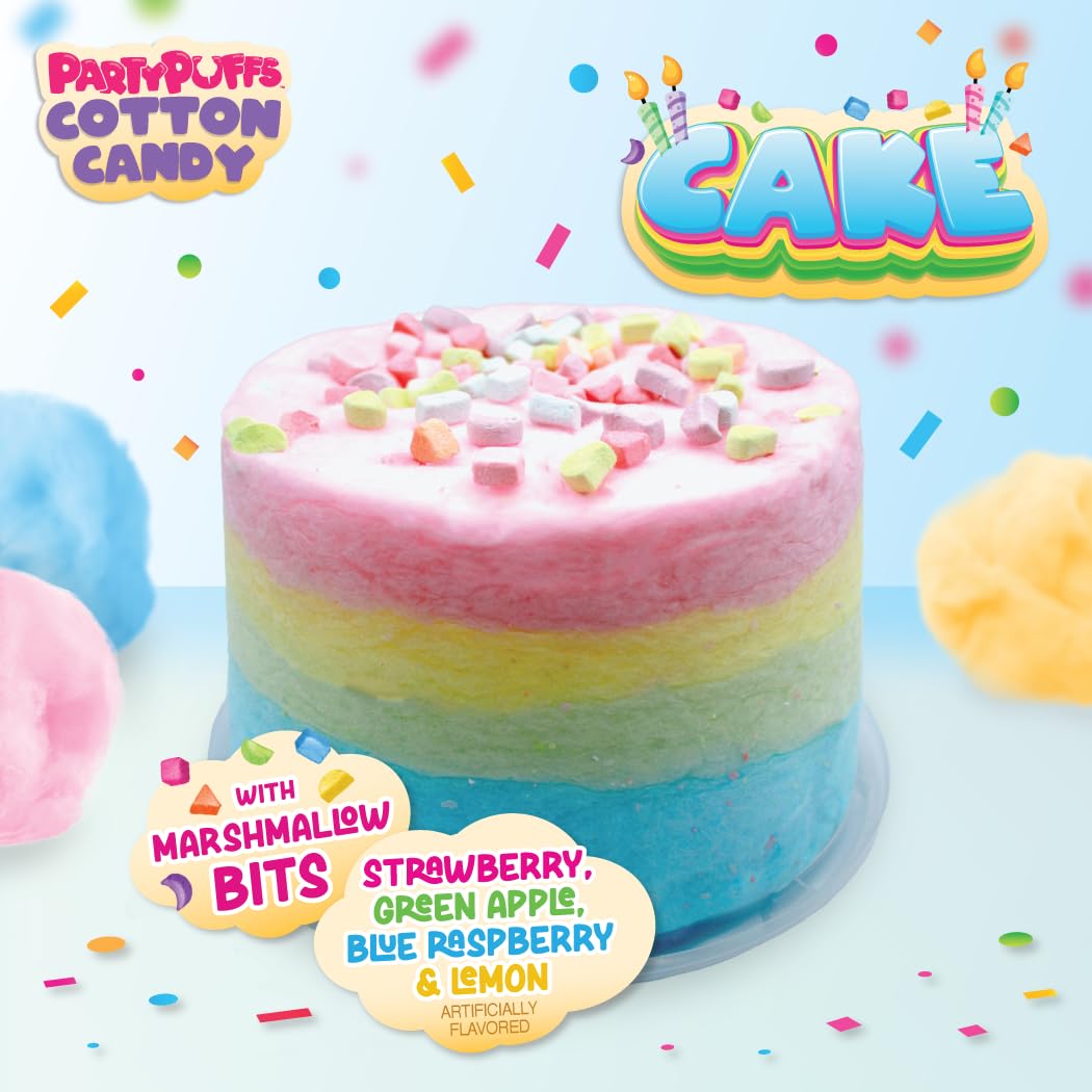 PartyPuffs Cotton Candy Cake - 4 Servings - Sliceable Celebration Cake With Strawberry  Blue Raspberry  Lemon & Green Apple Flavors - Fun Party Dessert With Crunchy Marshmallow Bits - Gluten-Free Treat & Made in USA - 4oz
