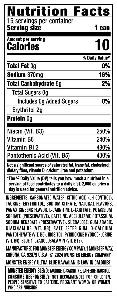 Monster Energy Ultra Blue Hawaiian Sugar Free Energy Drink, 16 oz, Pack of 15 - Refreshing Energy Boost, Zero Sugar, Great Taste
