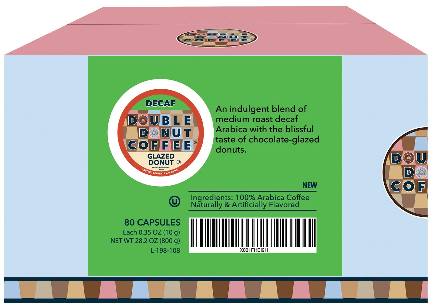 Double Donut Coffee Decaf Pods for Keurig - Glazed Donut Flavor, 80 Count, Single Serve, Recyclable