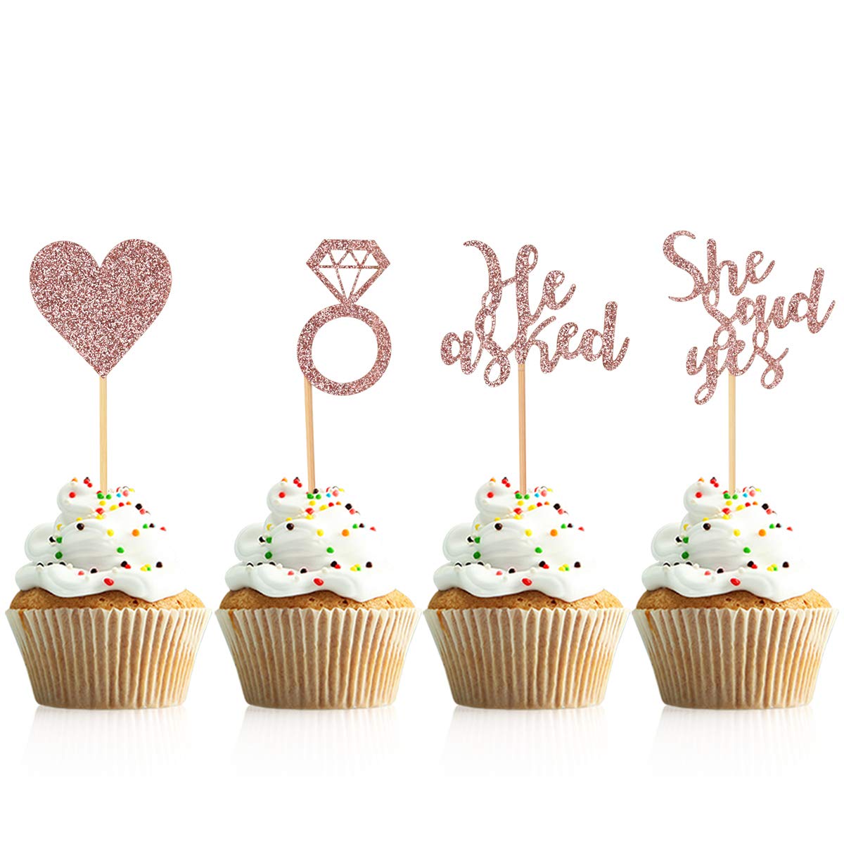 Donoter 48 Pcs Rose Gold He Asked She Said Yes Cupcake Toppers Diamond Ring Heart Cake Picks For Wedding Engagement Party Cake D