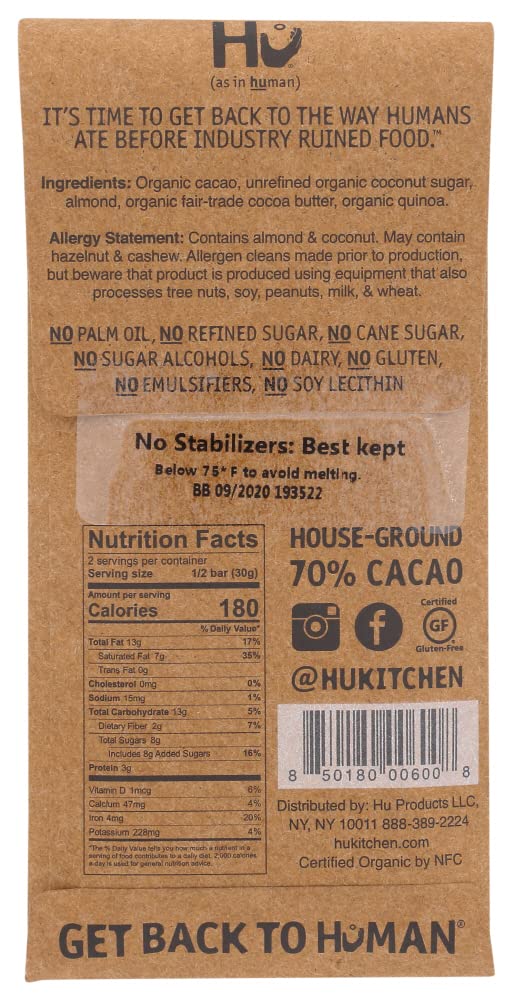Hu Dark Chocolate Bar | Almond Butter & Puffed Quinoa Chocolate | Natural Organic Vegan, Gluten Free, Paleo, Non GMO, Fair Trade