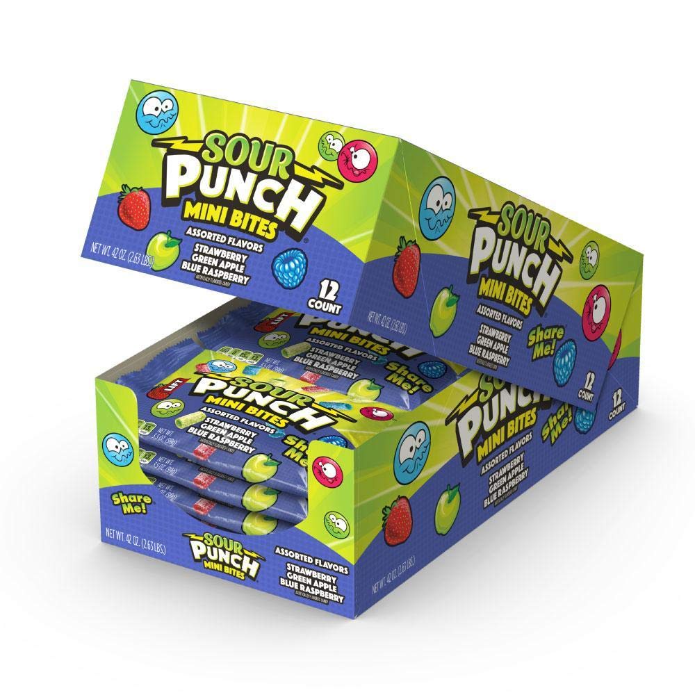 Sour Punch Mini Bites Strawberry Apple Blue Raspberry Flavored Sour Chewy Candy 3.5Oz Bag (12 Count)