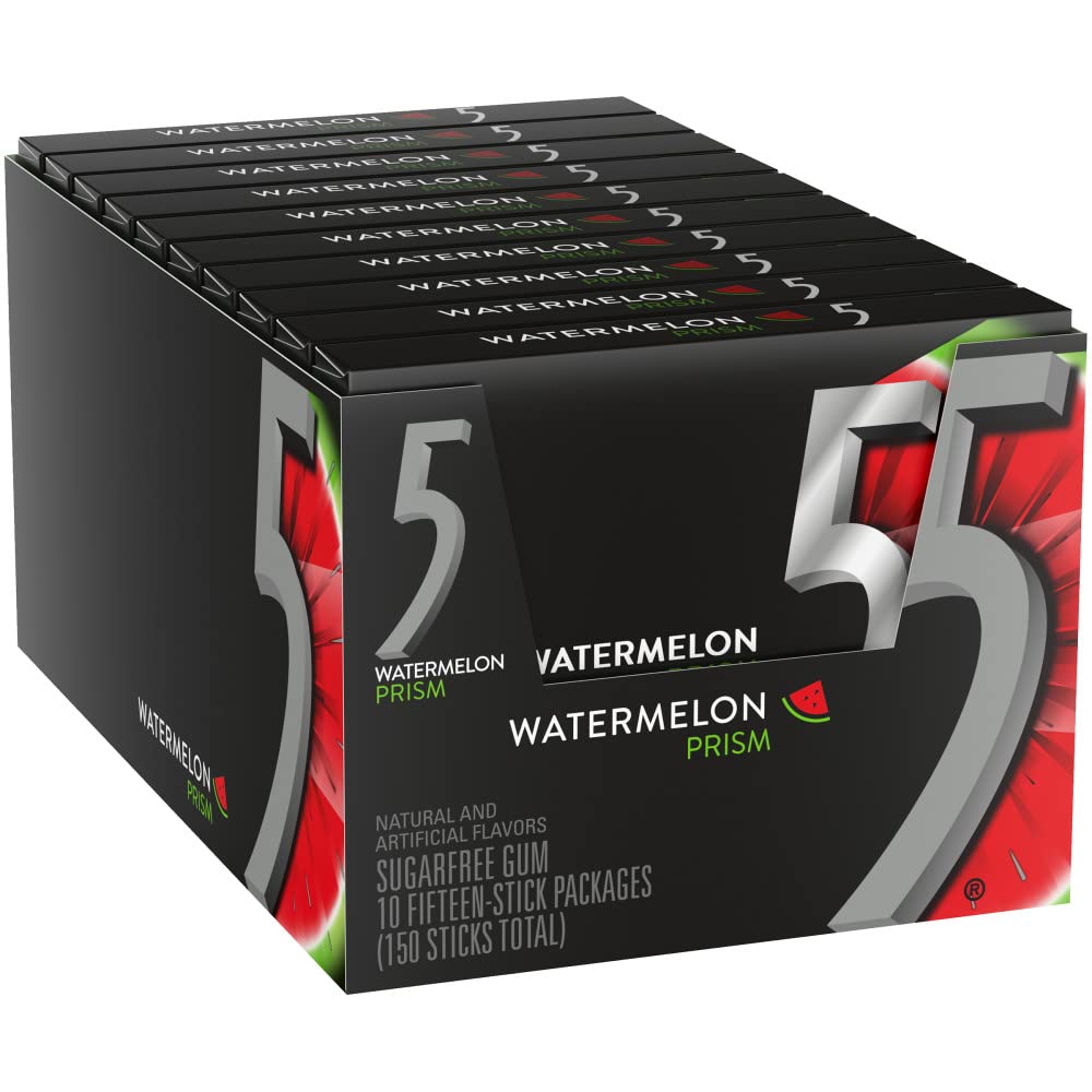 Wrigley'S 5 Gum Watermelon Prism Sugar Free Chewing Gum, 15 Pieces (10 Pack)