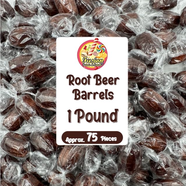 Fusion Sweets Root Beer Barrels Candy - 1 lb Bulk Bag - Old Fashioned Individually Wrapped Hard Candies - Brown