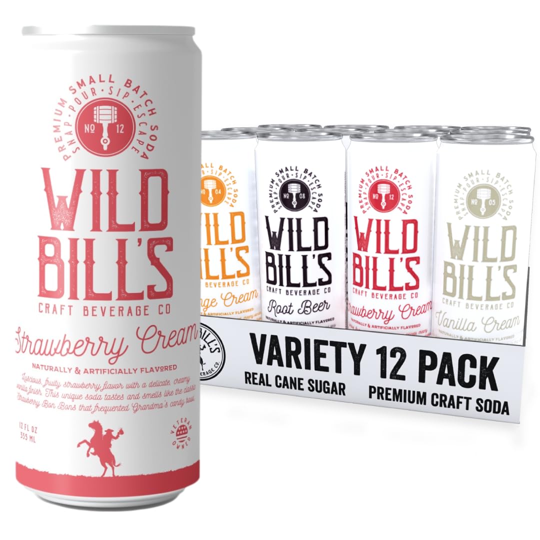 Wild Bills Craft Soda Cream Variety Pack, Vanilla & Orange Cream, Strawberry, Root Beer, 12 Fl Oz (Pack of 12), Gluten Free, Caffeine Free