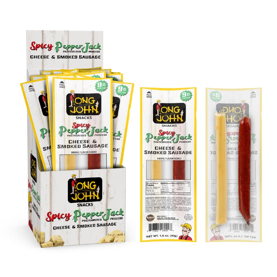 Long John Snacks Meat and Cheese Sticks - Spicy Smoked Sausage & Pepper Jack Cheese - High Protein, Low Carb - 12 Pack, 1.5 oz