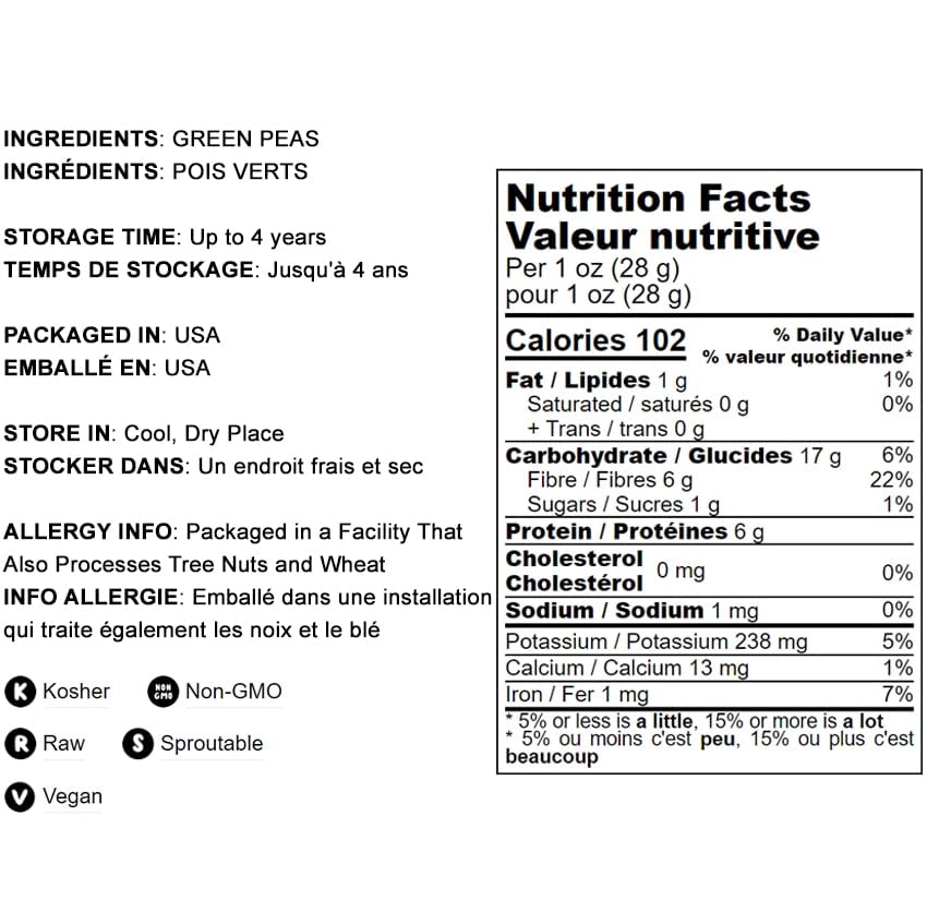 Food To Live Whole Dried Green Peas, 15 Pounds - Green Vatana, Sproutable, Vegan, Kosher, Bulk. Pre-Soak Needed. Rich In Protein