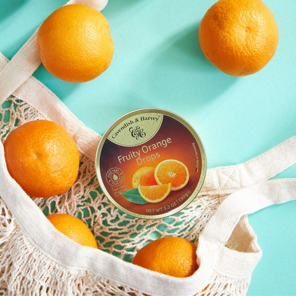 Cavendish & Harvey | Fruity Orange Hard Candy Drops | 5.3 Ounce Tin