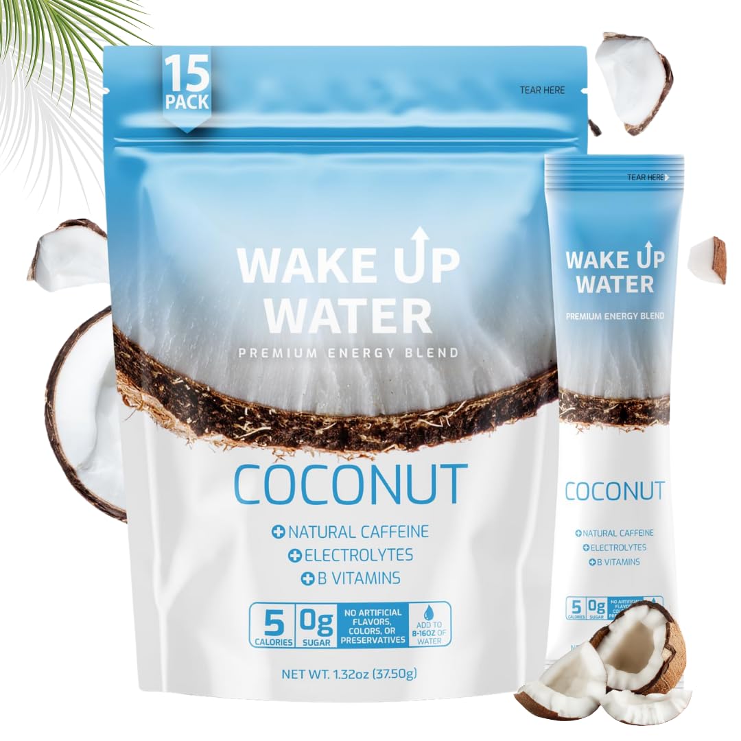 Wake Up Water Energy + Hydration Mix, Coconut Flavor, 15 Count Pack, No Sugar, Natural Caffeine, Electrolytes, B Vitamins