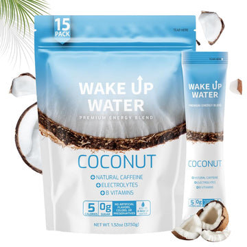 Wake Up Water Energy + Hydration Mix, Coconut Flavor, 15 Count Pack, No Sugar, Natural Caffeine, Electrolytes, B Vitamins