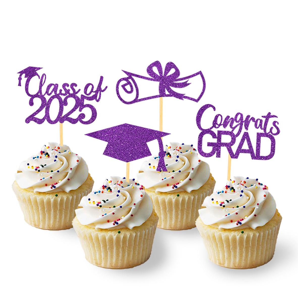 Moitkptt Graduation Cupcake Toppers - 24Pcs Purple Class of 2025 Cake Decorations, Paper Material