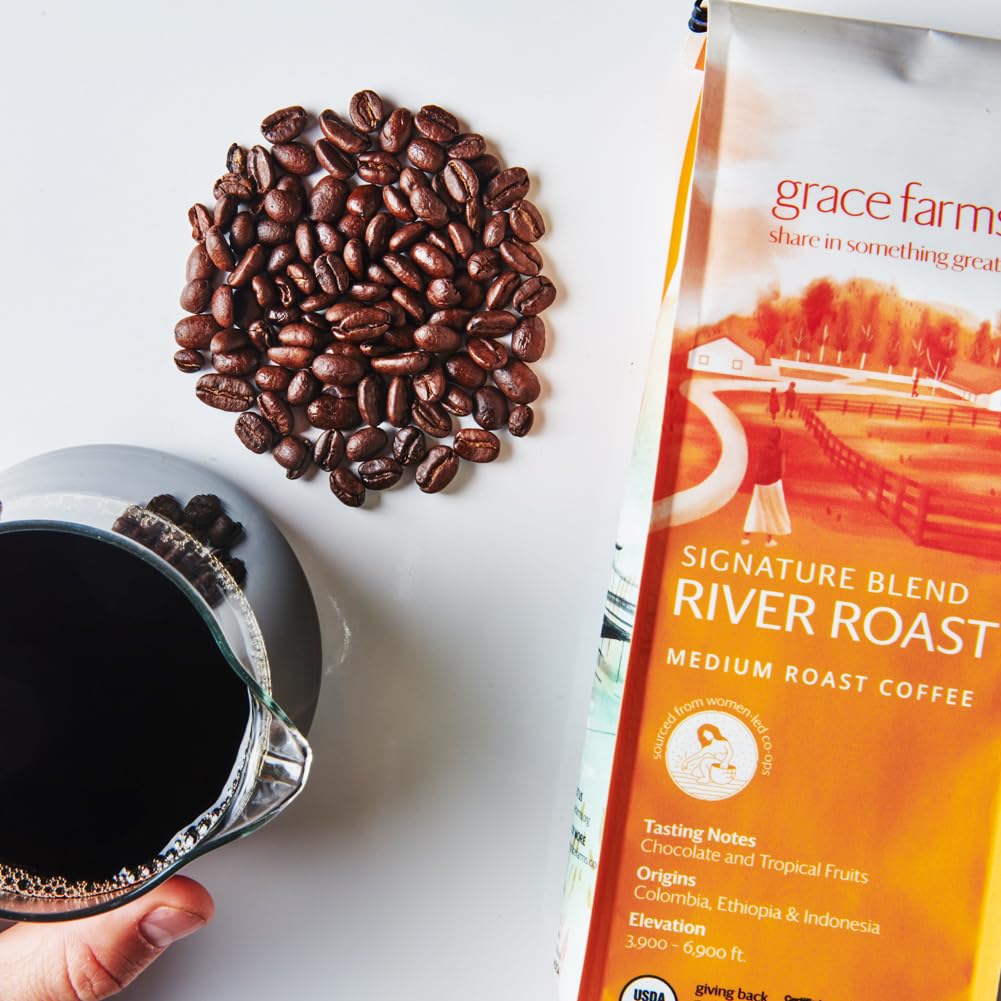 Grace Farms, Organic Whole Bean Coffee, River Roast Blend (Colombia, Ethiopia, Indonesia) Medium Roast, 12Oz Bag, 1 Count | Note