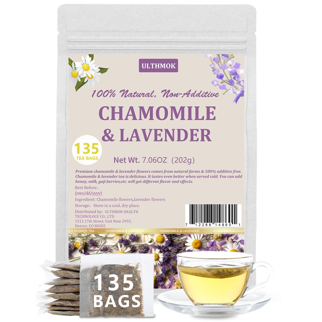 ULTHMOK Chamomile & Lavender Tea Bags, 135 Count, Caffeine Free, 100% Natural