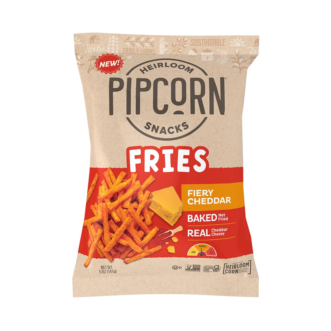 Heirloom Baked Fiery Cheddar Fries By Pipcorn - 1Oz 24Pk - Healthy Snacks, Gluten Free Snacks, Non-Gmo, Upcycled Heirloom Corn F