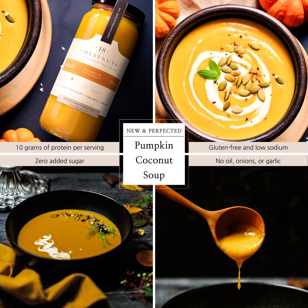 18 Chestnuts Plant Based Soup - Fall Bundle Box: Pumpkin Coconut, Carrot Ginger Dill, & Butternut Squash Pear Soup Bundle, Plant