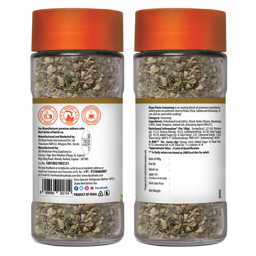 Keya Pasta Seasoning |All Natural & Healthy Spice Blend| Glass Bottle | Premium Herbs And Spices 45Gm