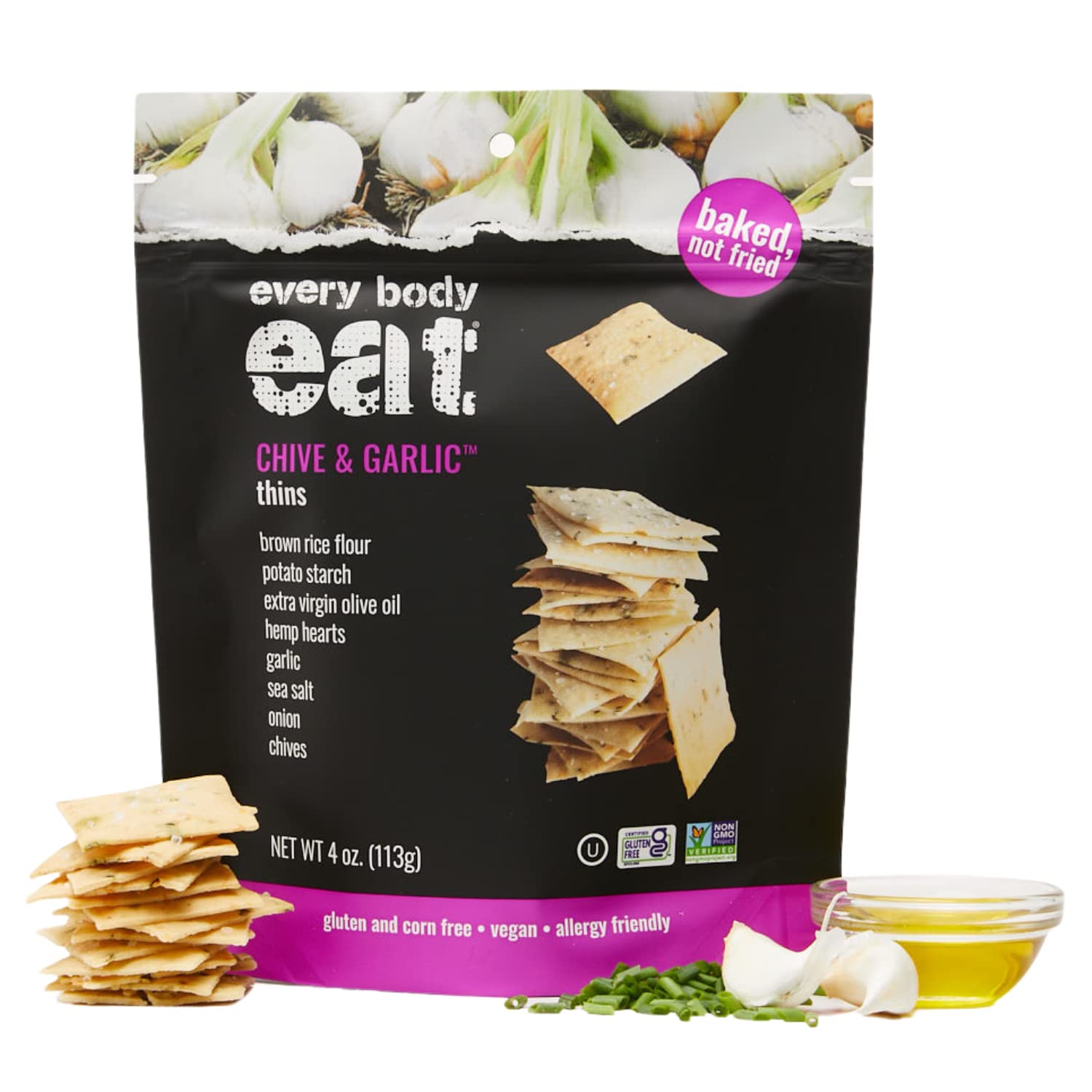 Every Body Eat Snack Thins, Chive And Garlic Flavor, Vegan, Gluten Free And Dairy Free (Pack Of 6)