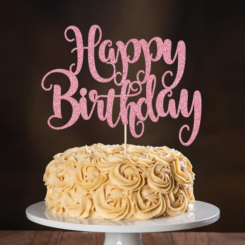 Fmiyuneea Happy Birthday Cake Topper- Glitter Happy Birthday Cake Decor, Handmade Anniversary/Birthday Party Supplies (Pink)