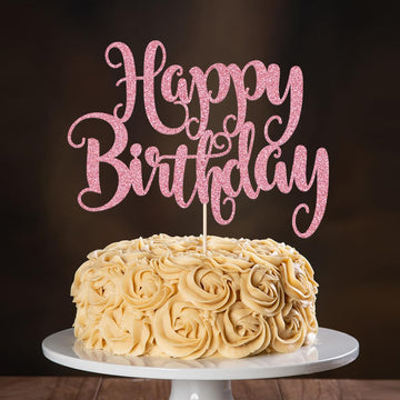 Fmiyuneea Happy Birthday Cake Topper- Glitter Happy Birthday Cake Decor, Handmade Anniversary/Birthday Party Supplies (Pink)