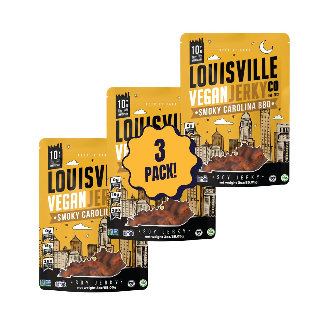 Louisville Vegan Jerky Sweet & Smoky Carolina Mustard BBQ, 3-Pack, Gluten-Free, Non-GMO Soy Protein, Vegan-Friendly Snacks