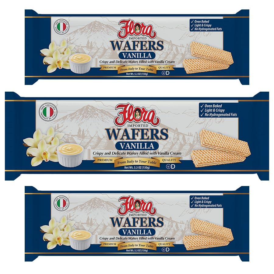 Flora Italian Wafers Vanilla - Crispy Italian Wafers Filled with Vanilla Cream - Oven-Baked - No Hydrogenated Fats - 5.3 oz (150