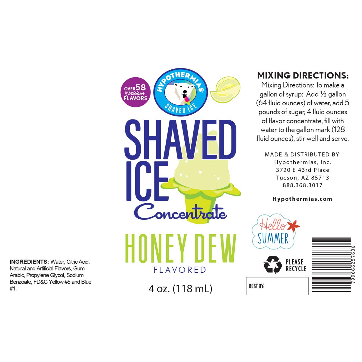 Hypothermias Shaved Ice And Snow Cone Syrup Unsweetened Flavor Concentrate - 4 Fl Oz - Makes 1 Gallon Of Ready To Use Syrup - Ho