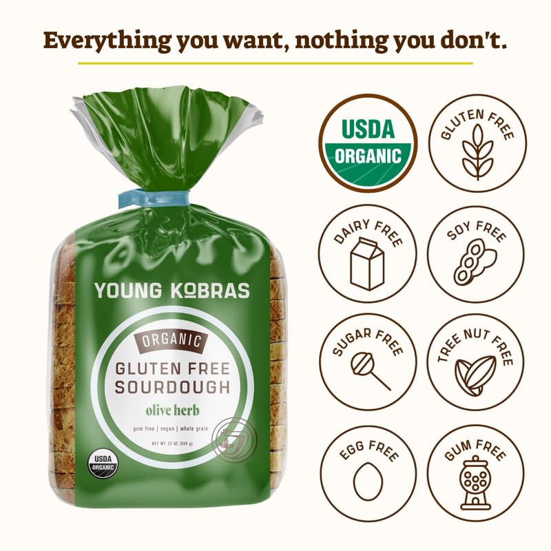 Young Kobras Organic, Gluten-Free Olive Herb Sourdough Bread 22Oz (2-Pack) - Allergen Friendly, Vegan, Gum-Free, Simple Ingredie