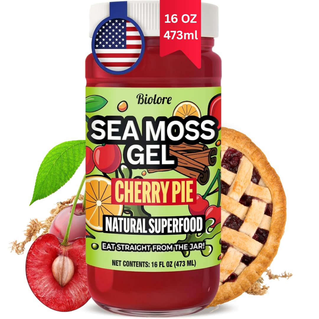 Biolore Cherry Pie Sea Moss Gel 16 Oz - No Added Sugar, Vegan, Made In Usa - Wildcrafted Sea Moss Superfood With 92 Essential Vitamins - Ready To Use, No Prep Needed