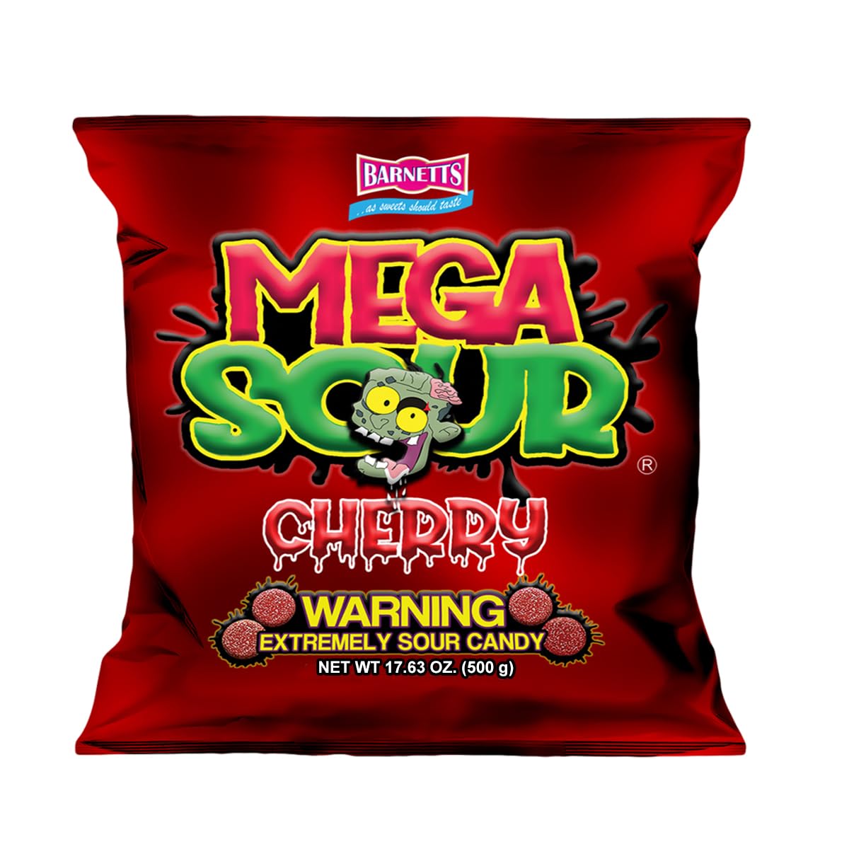 Barnetts - Mega Sour Candy Cherry 500g (17.6 ounces) - Trendy Sweet Bags - Traditionally Handmade Sweets - Sour Coating Lasts 20