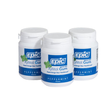 Epic Xylitol Chewing Gum - Sugar Free & Aspartame Free Chewing Gum Sweetened W/Xylitol For Dry Mouth & Gum Health (Peppermint, 50-Piece Bottle, 3 Bottles)