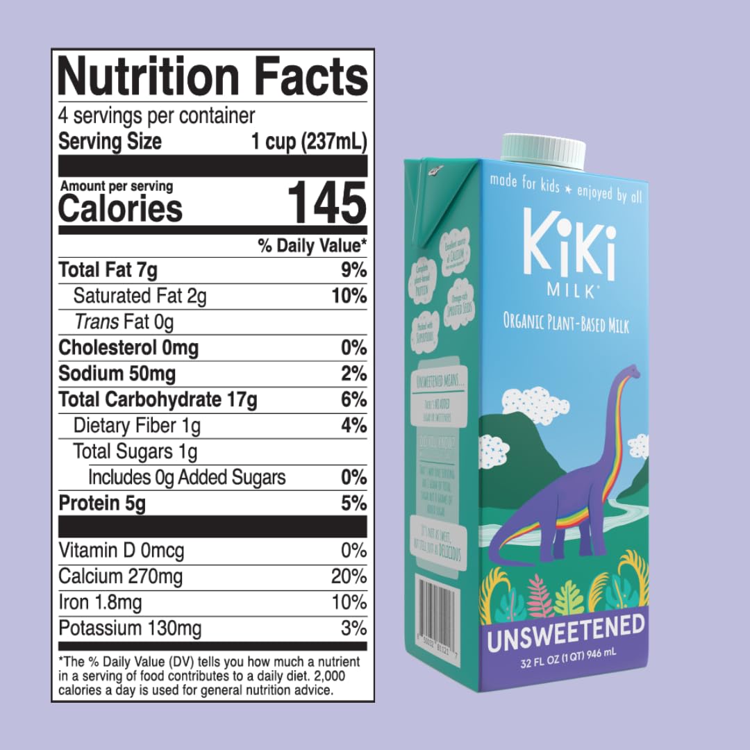 Kiki Milk Plant Based Milk - Organic Unsweetened Kiki Milk - Calcium & Magnesium Source - Gluten Free, Gum Free, GMO Free, Dairy