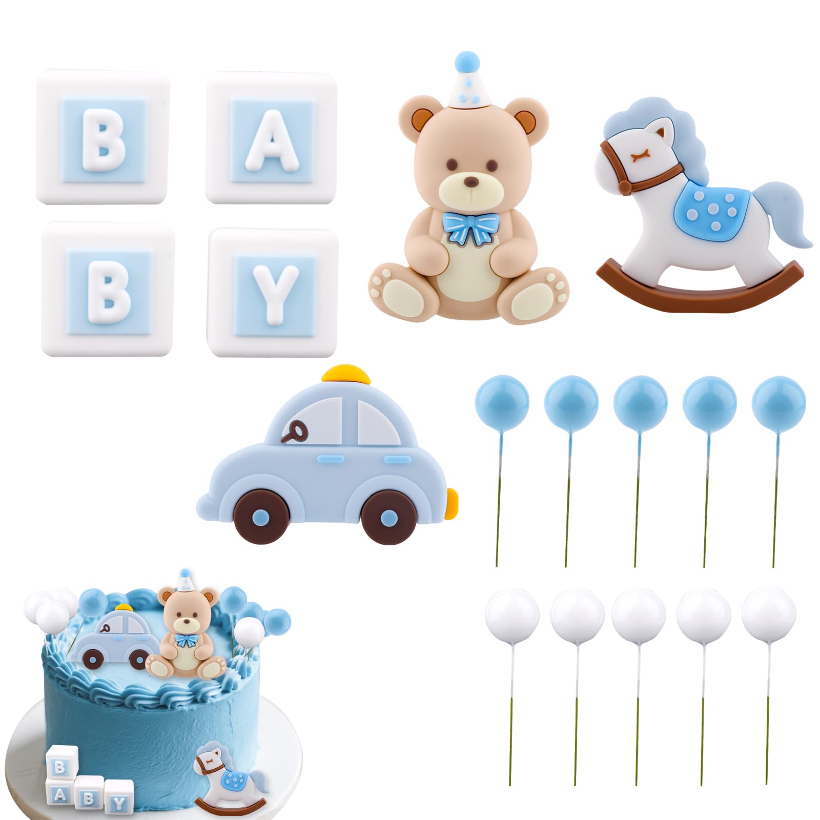 BOXOB Blue Bear Cake Decoration Set with Bear Rocking Horse and Balloons for Baby Shower and Birthday, As Shown in the Picture, Model G31007