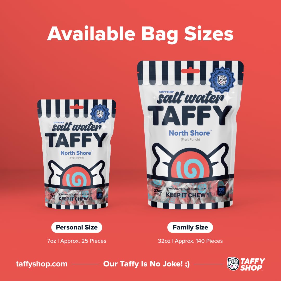 Taffy Shop North Shore, Fruit Punch Salt Water Taffy - Gourmet Soft Chewy Candy, Bulk Sweet Snack, Fresh Gift & Gluten-Free, 35