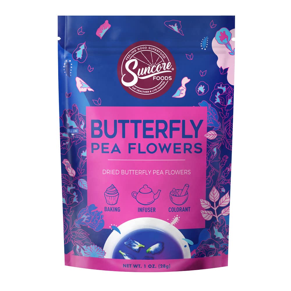 Suncore Foods Dried Butterfly Pea Flowers Tea, Caffeine-Free, Gluten-Free, Non-GMO, 1oz, Purple/Blue/Pink