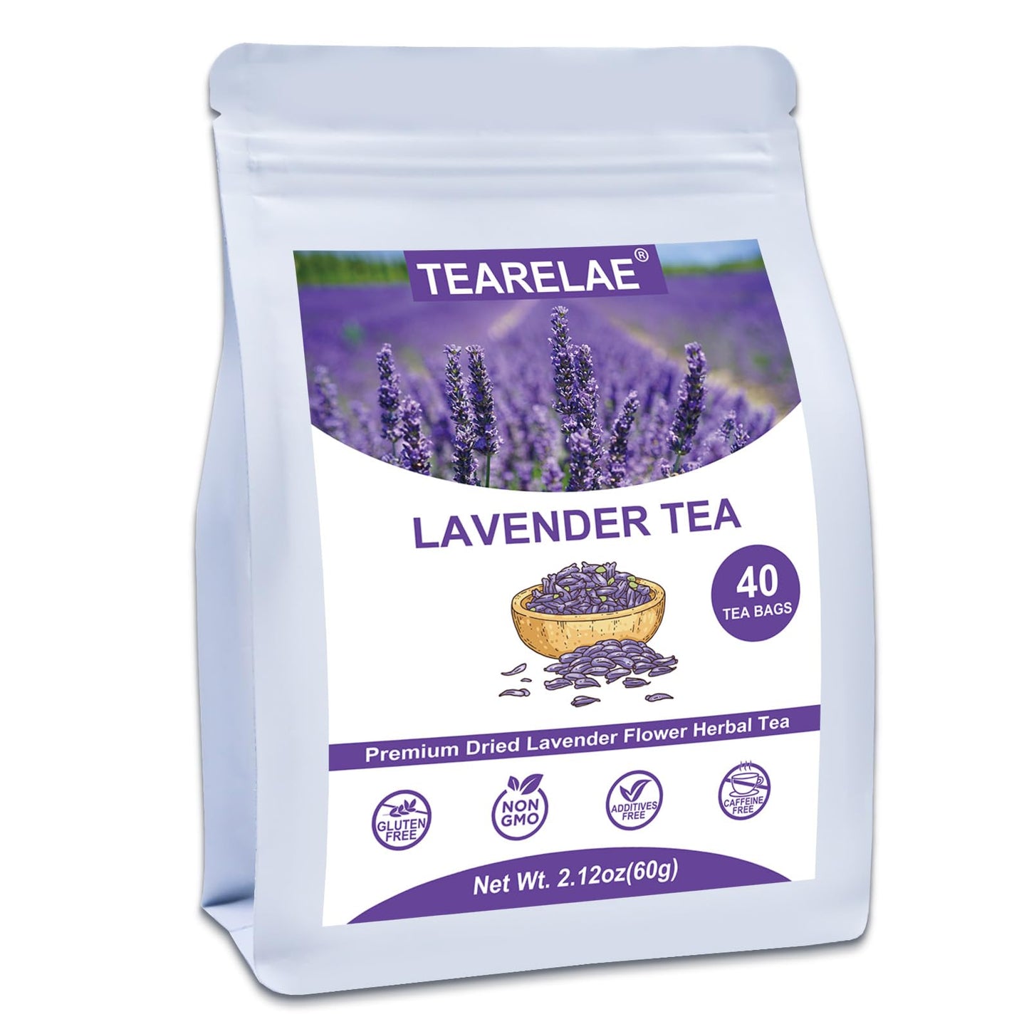 TEARELAE Lavender Tea Bags - Premium Dried Lavender Flower - Caffeine-Free - 40 Count