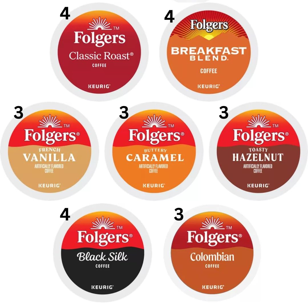 KUPIX Folgers K-Cups Coffee Pods Variety Sampler, 24 Count - Includes Classic Roast, Black Silk, Breakfast Blend, Hazelnut, and More