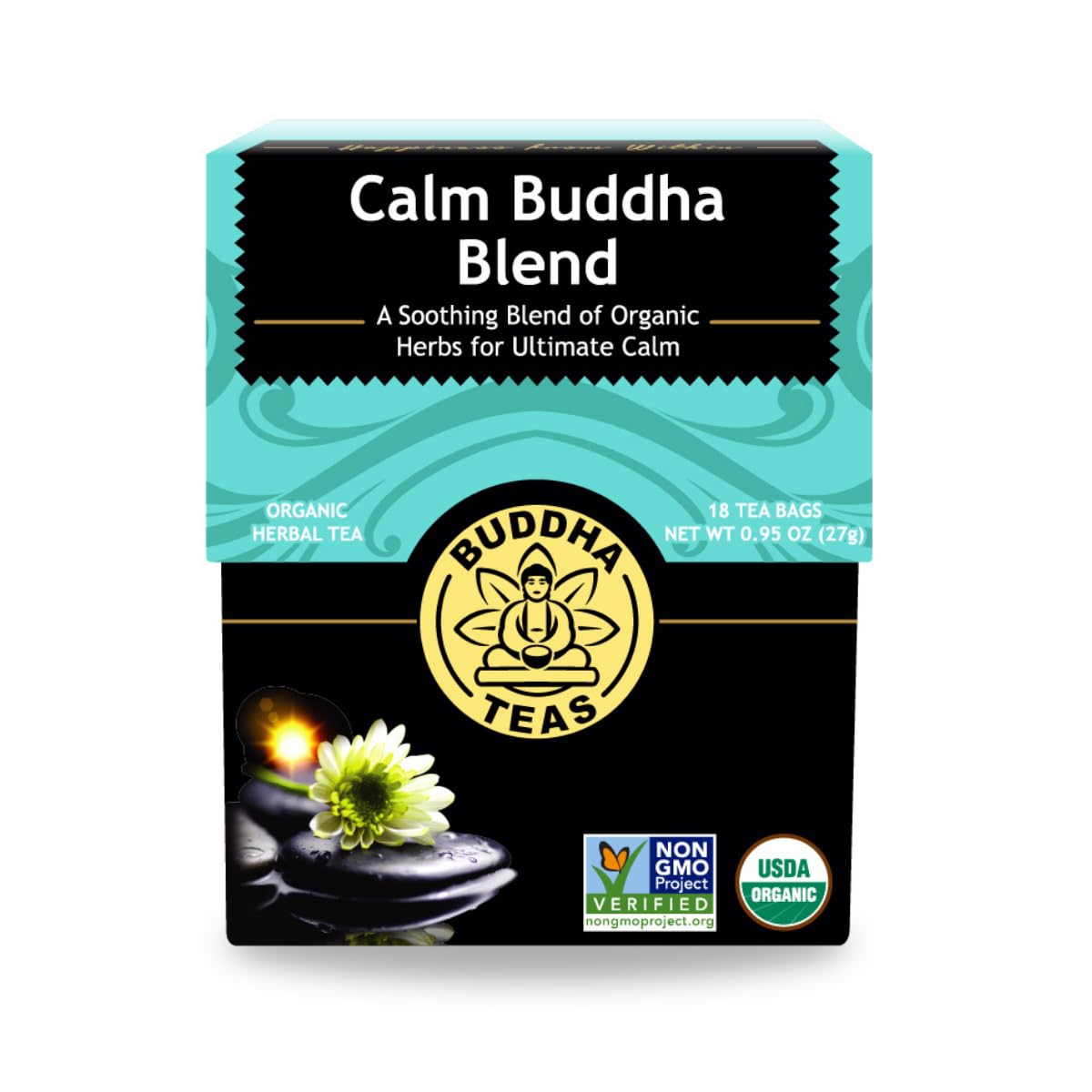Buddha Teas Calm Buddha Blend Organic Herbal Tea - Caffeine Free - 18 Bleach-Free Tea Bags - Non-GMO & OU Kosher