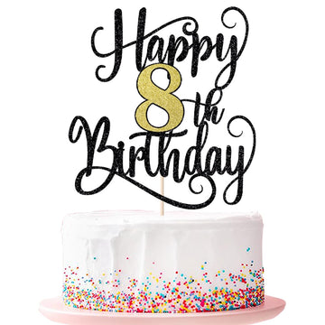 Happy 8Th Birthday Cake Topper, 8 Birthday Party Cake Decorations (Black And Gold Flashes, 8Th)