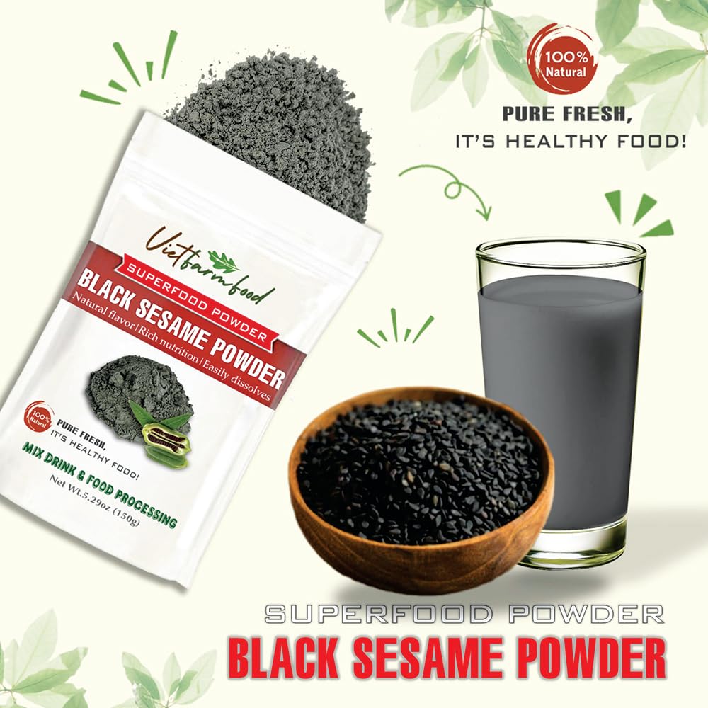 VIETFARMFOOD Black Sesame Powder, Pure Freeze-Dried Vegetable Powder, 5.29 oz (150g)