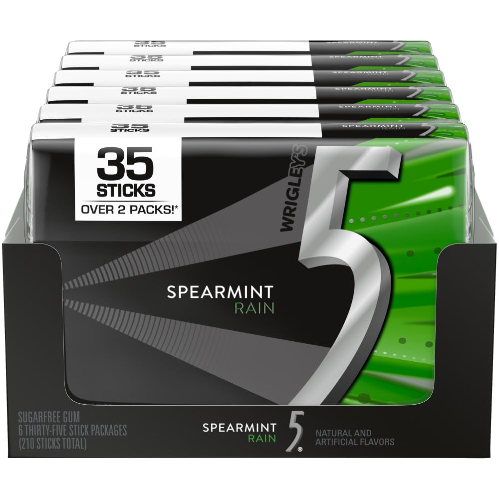 5 Gum - Spearmint Rain Sugar-Free, Chewing Gum, 35-Stick Pack, 6 Packs, Spearmint Rain