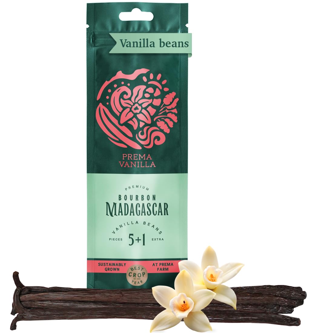 Prema Vanilla Madagascar Vanilla Beans, Grade A Spirit-Inspired Flavor Pods For Making Vanilla Extract, Good For Cooking And Baking, Rich And Intense Aroma, Pack Of 5 Beans Plus 1 Gift Bean