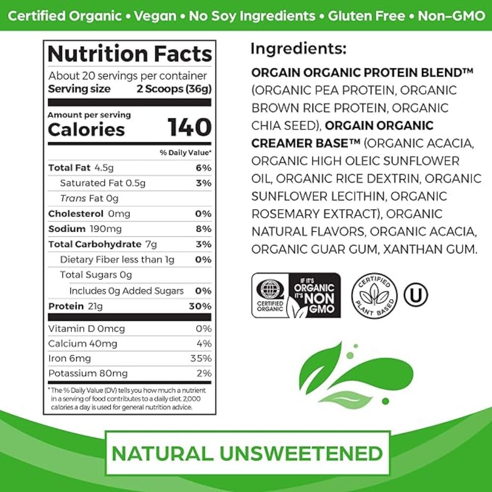 Orgain Organic Unflavored Vegan Protein Powder - 21g Plant Based Protein, Gluten Free, 1.59lb, Cream, Model 851770006033