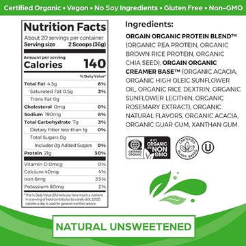 Orgain Organic Unflavored Vegan Protein Powder - 21g Plant Based Protein, Gluten Free, 1.59lb, Cream, Model 851770006033