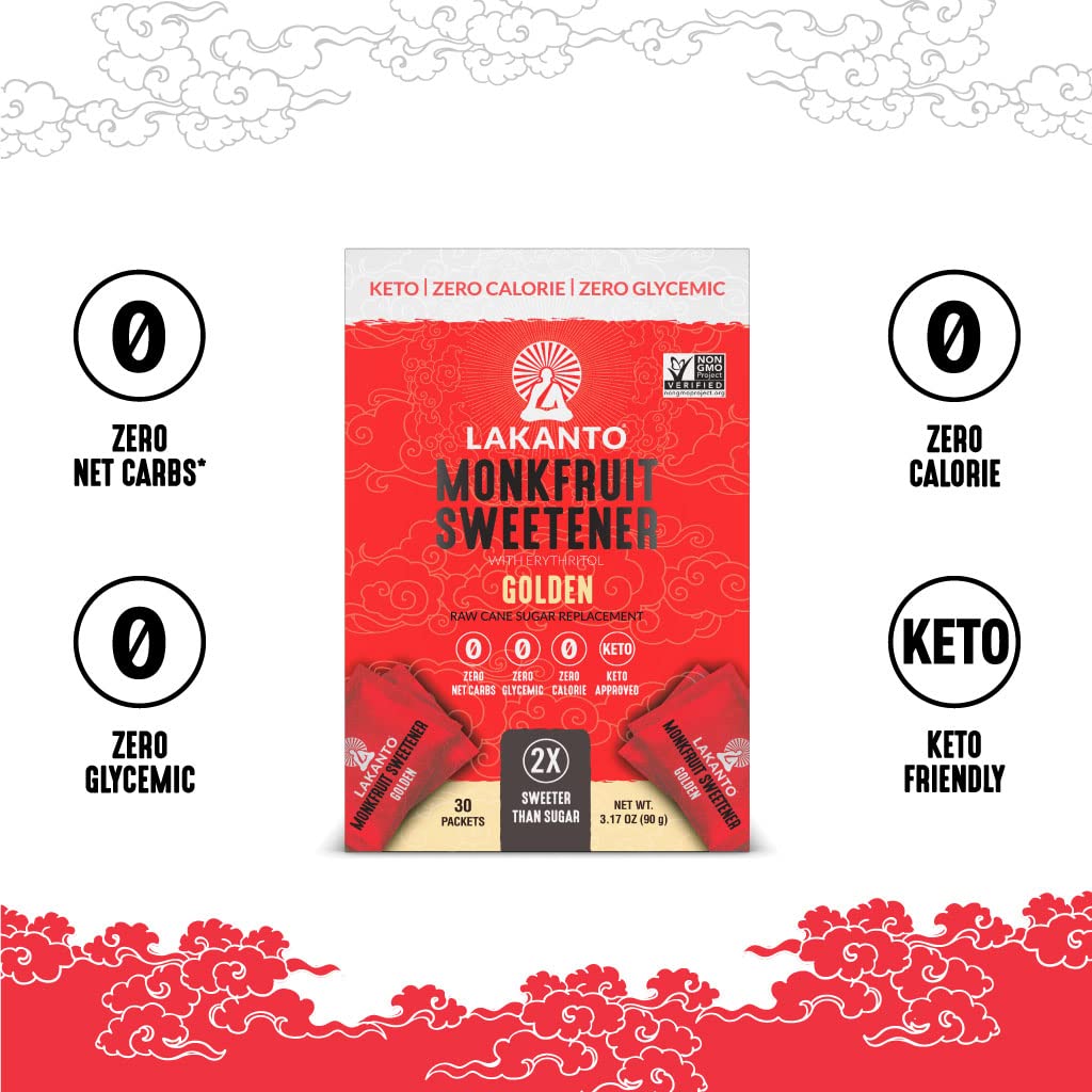 Lakanto Golden Monk Fruit Sweetener Packets - Zero Calorie Sugar Replacement, 30 Count, 3g Each, Ideal for Coffee and Desserts