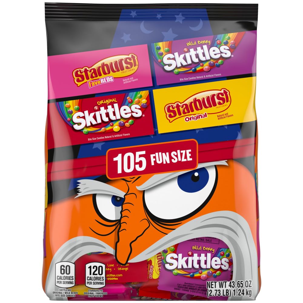 Wrigleys SKITTLES & STARBURST Fun Size Chewy Halloween Candy Variety Pack, 105 Ct Bulk Bag