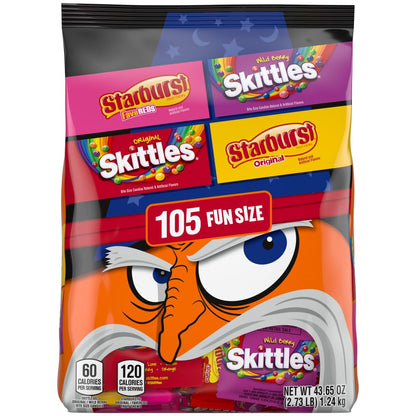 Wrigleys SKITTLES & STARBURST Fun Size Chewy Halloween Candy Variety Pack, 105 Ct Bulk Bag