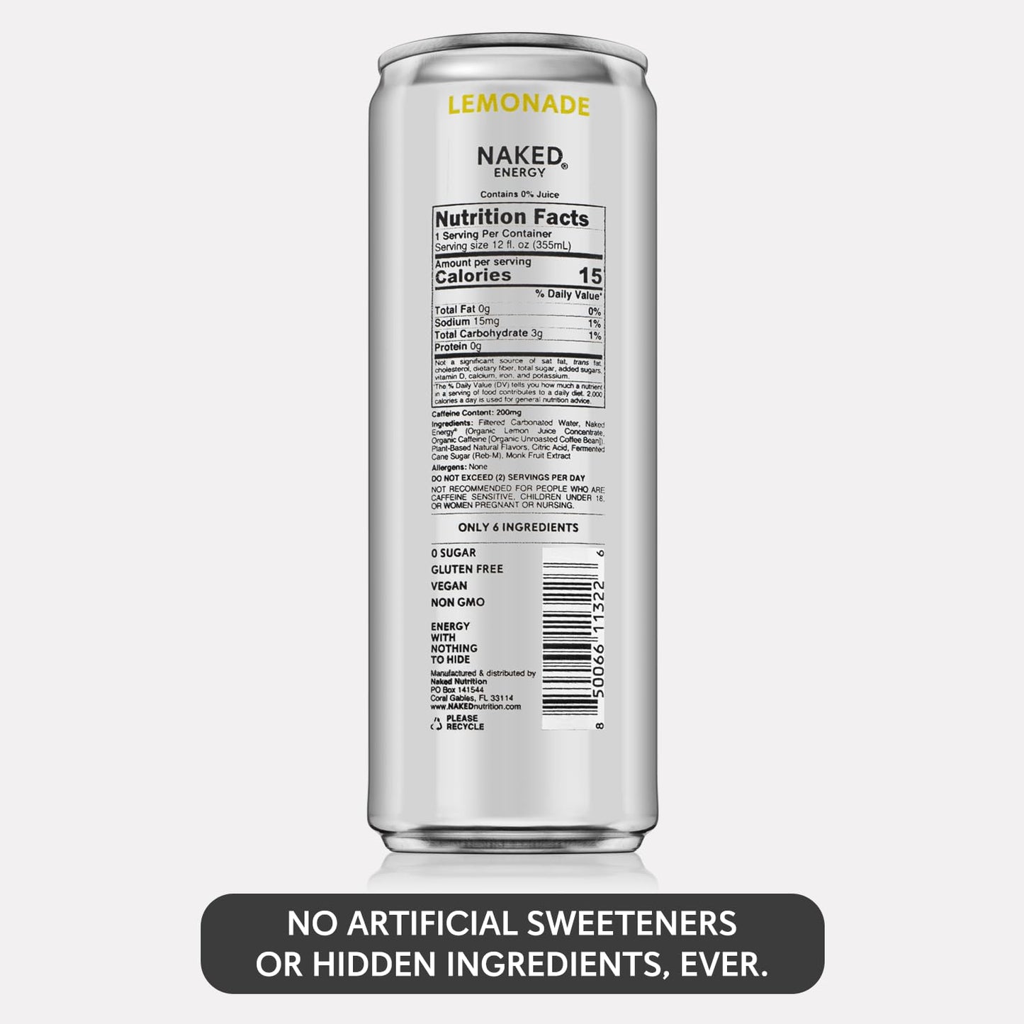 Naked Sparkling Energy Drink - Lemonade  Organic Caffeine  Organic Lemon Juice  Zero Sugar  No Sucralose  Naturally Sweetened  Natural Energy Drinks  Vegan  Gluten-Free  Non-GMO - 12oz Cans (Pack of 12)