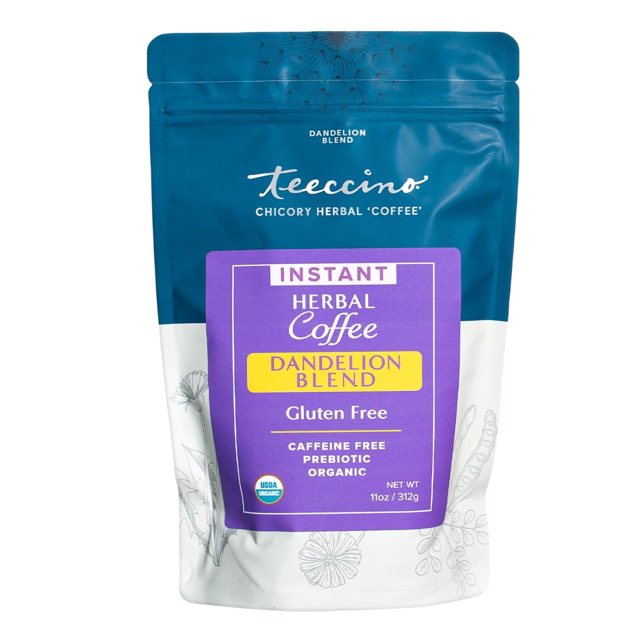 Teeccino Instant Organic Dandelion Blend - 104 Servings - Gluten Free Instant Microground Herbal Coffee With Chicory & Dandelion Roots Thats Prebiotic  Energy Blend-Free  And Acid-Free - 11 Ounces