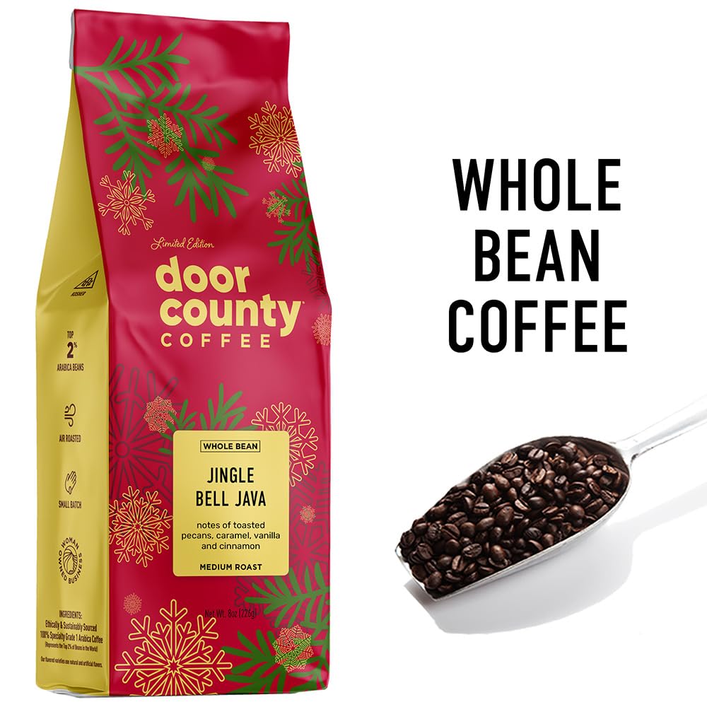 Door County Coffee Jingle Bell Java Flavored Coffee Whole Bean - 8oz Bag - Holiday Seasonal - Medium Roast - 100% Specialty Arab